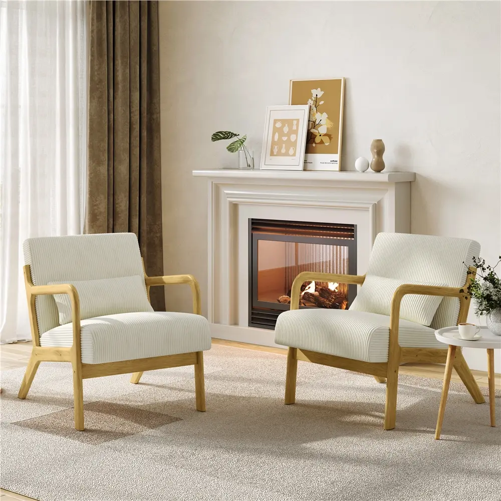 Yaheetech Mid Century Modern Ergonomic Cozy Corduroy Armchair (1-2pcs) - Polyester Lumbar Pillow, Solid Wood Frame, Fixed Arms, Thick Breathable Foam Cushion, Sinuous Spring Seat, Supportive Sitting, Body-Friendly, Living Room/Bedroom, Assembly Required t