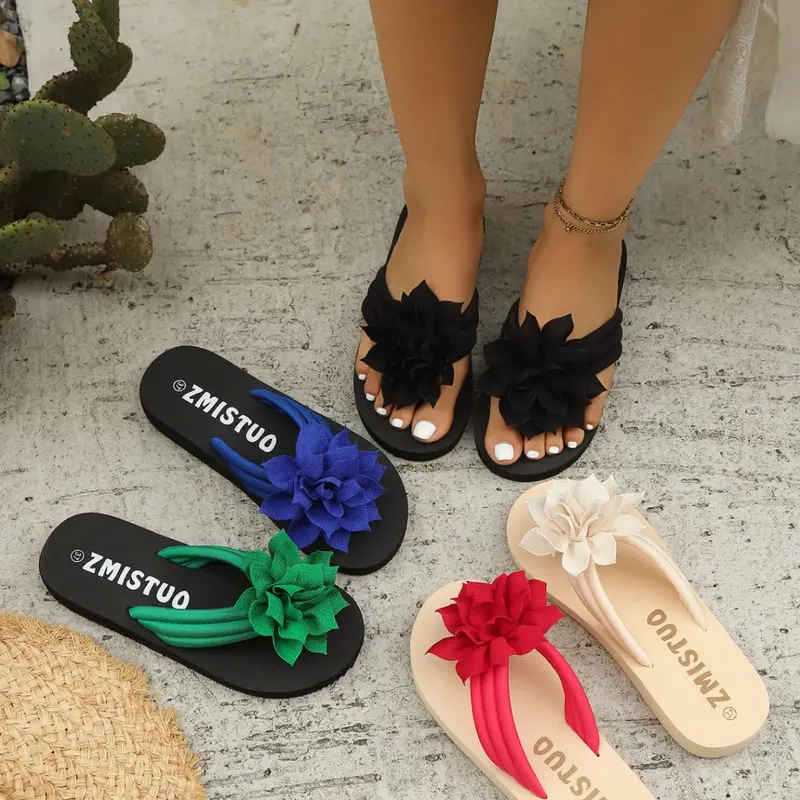 Summer Fashion Floral Thong Sandals for Women, Thick Sole Wedge Flip Flops, Fashionable Wedge Shoes, Casual Flip Flops, Beach Vacation Sweet Cool Slippers, PU Material