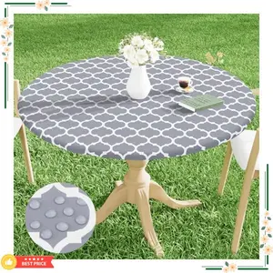 Smiry Round Picnic Tablecloth, Waterproof Elastic Fitted Table Covers for 36" - 44" Tables, Wipeable Flannel Backed Vinyl Tablecloths for Camping, Indoor, Outdoor, Grey & White