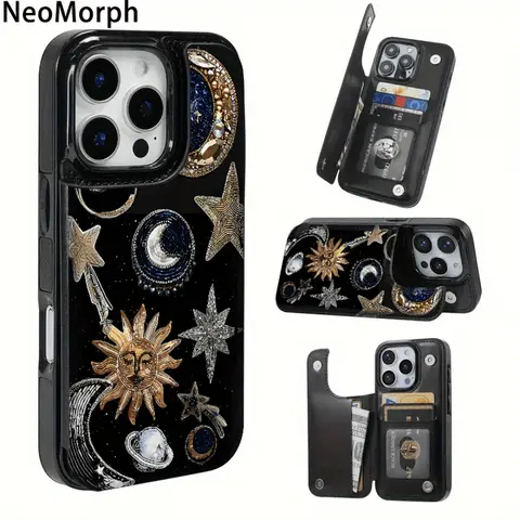 Cosmic Celestial Wallet Phone Case for iPhone 17/16/15/14/13/12 Pro Max/Pro/Plus/Air – PU Leather Card Holder Durable Protective Shockproof Cover Black