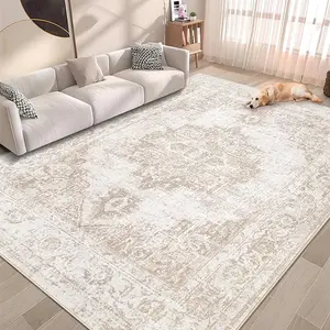 Vintage Area Rug Washable Indoor Medallion Rugs Low Pile Distressed Floor Carpet Retro Accent Rug for Living Room Bedroom Kitchen Dining Table Home Office