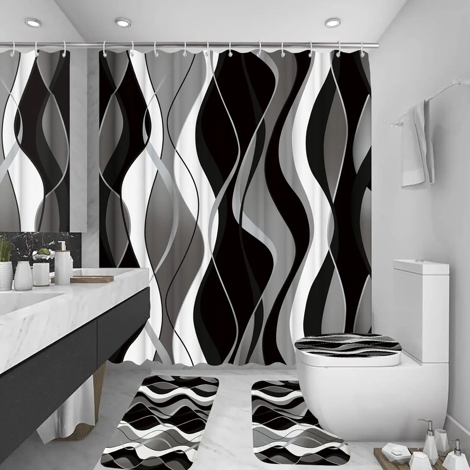 4 count Black Shower Curtain Sets with Non-Slip Rugs, Toilet Lid Cover and Bath Mat, Black and Gray Bathroom Decor Set Accessories Fabric  Shower Curtains with 12 Hooks, 72 x 72 Inch