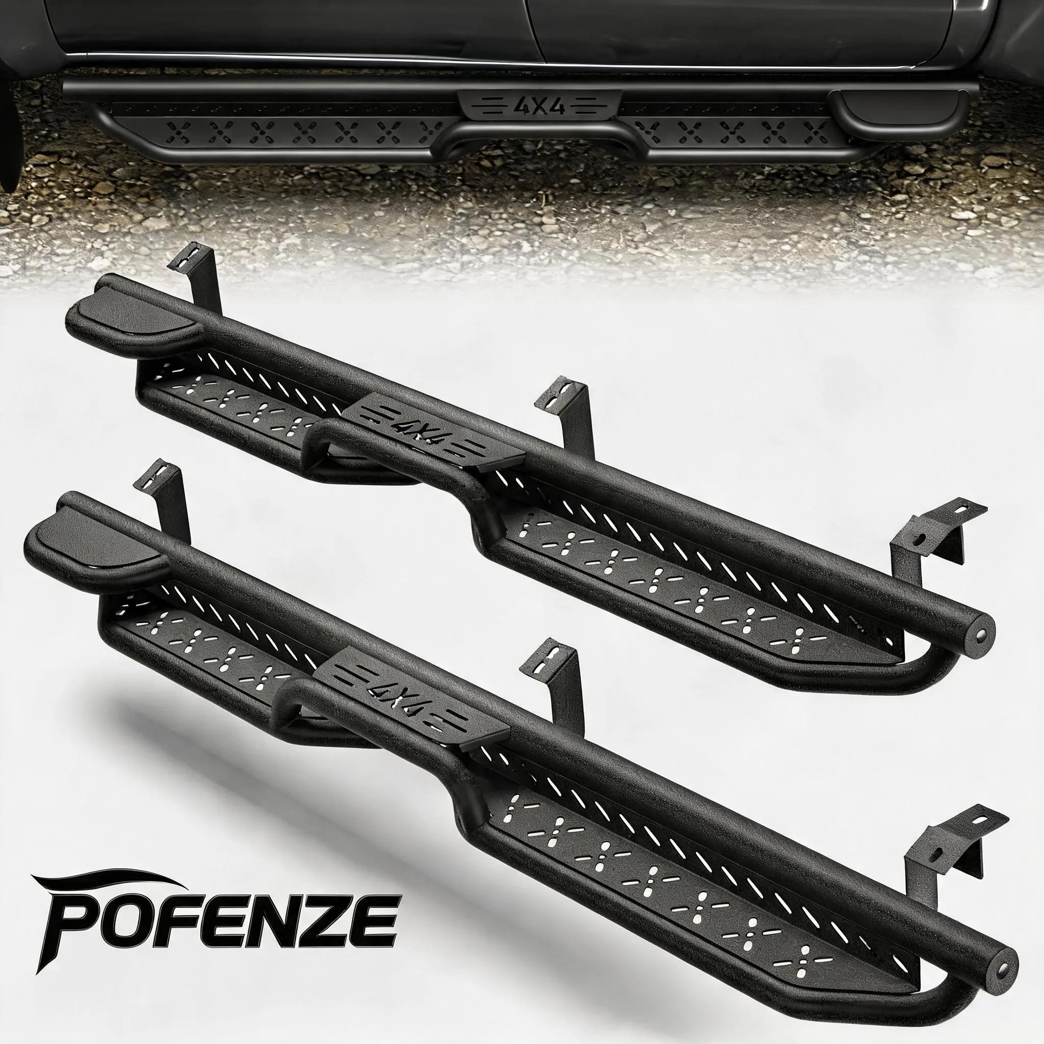 POFENZE-NADIA Running Boards Side Steps for Toyota Tacoma 2005-2023 Double Cab, 2-Stairs Coated Metal Nerf Bars with Star Logo, Bolt-On Entry Aid, Step Access Side Rails, Easy Installation, Perfect Fit
