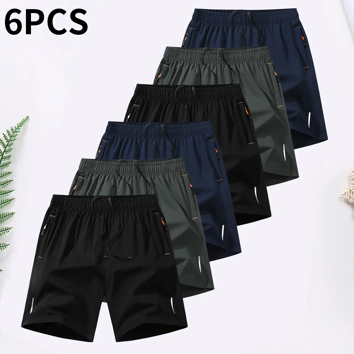 Men’s 6-piece set featuring lightweight, breathable quick-dry fabric shorts with zippered pockets; summer ice silk beach shorts; cool-touch quick-dry sports casual shorts; basketball shorts; reflective strip design; men’s apparel; solid-color pants suitab