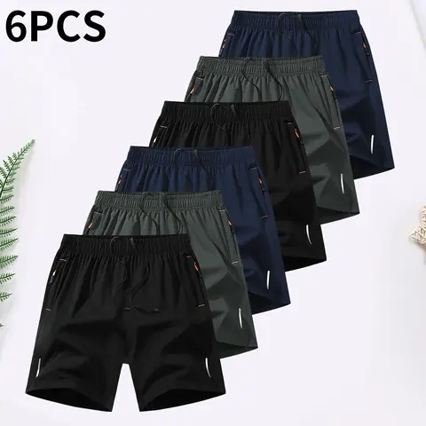 Men’s 6-Piece Polyester Edit Ice Fabric Quick Dry Activewear Gym Shorts - Lightweight, Breathable, Cool-Touch, Solid-Color, Zipper Pocket, Reflective Strip, Summer Gym/Beach Apparel