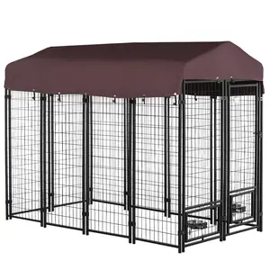 PawHut 8' x 4' x 6' Outdoor Dog Kennel, Welded Wire Heavy Duty Dog Run with 360° Rotating Bowls, Dog Kennel Outside with Waterproof & UV Resistant Cover, for S&M&L Dogs