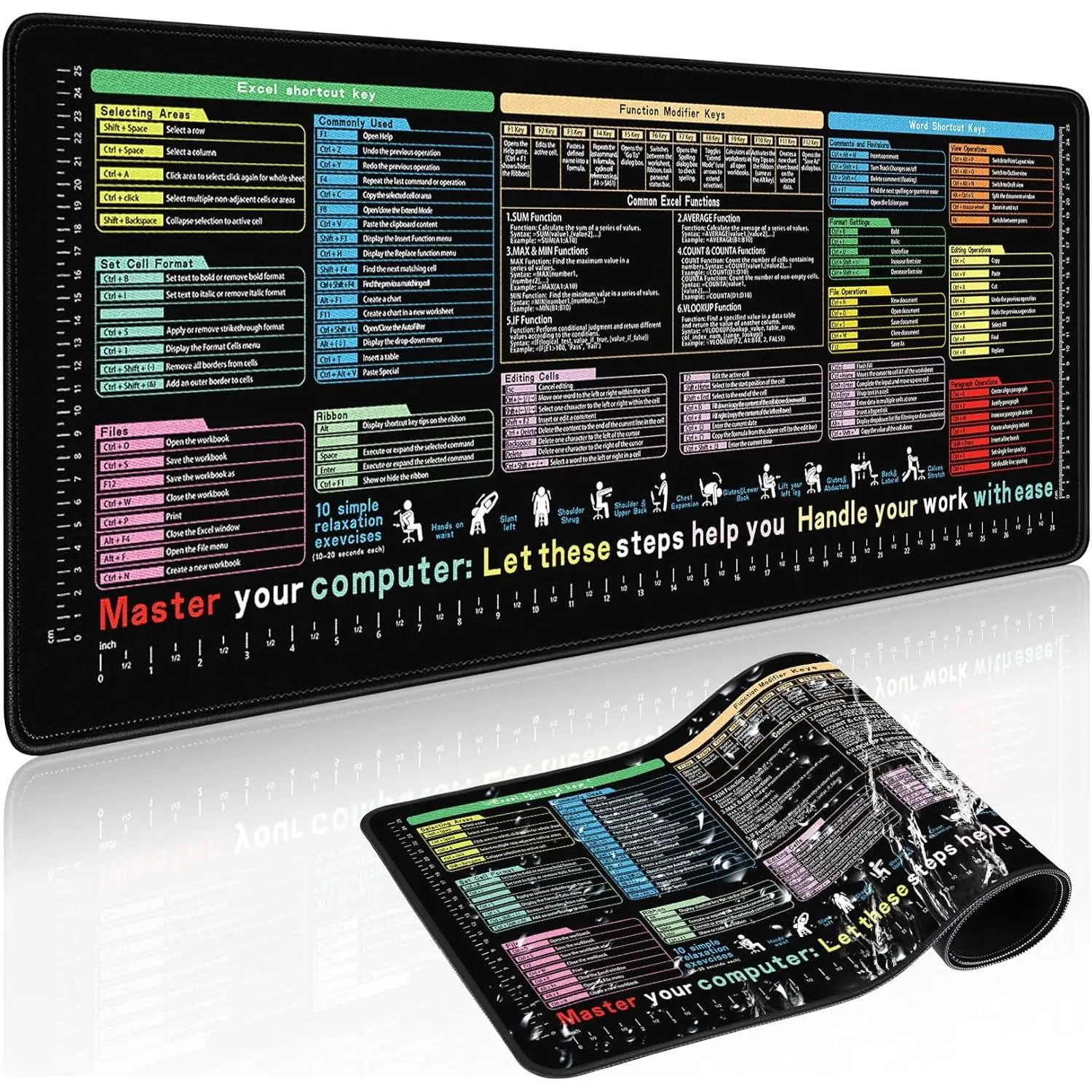 Excel Cheat Sheet Desk Pad 31.5x11.8 -  Desk Mat with Inch Scale,Contain 12 Types of Common Skill in Excel and ,Large Excelpad Shortcut Mousepad Gaming  Pad for Office