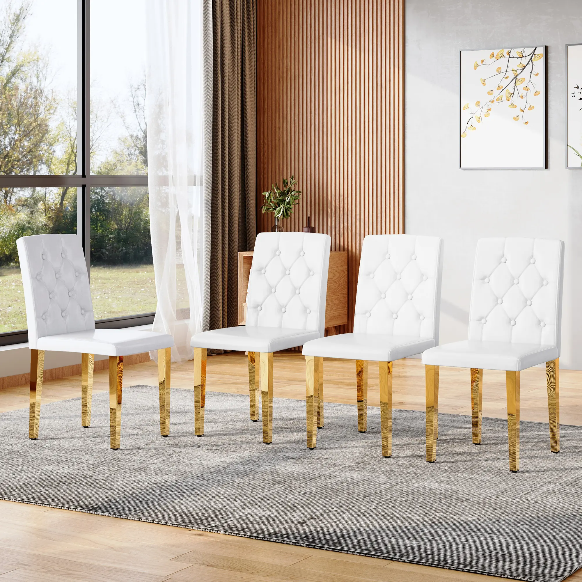 4Pack White PU Dining Chairs Ergonomic Buckle Backrest Golden Metal Legs Space-Saving for Dining Room Hotel Banquet Gold+White