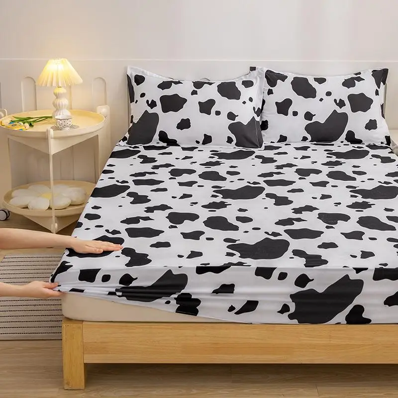 Cow Pattern Bedspread & Pillowcase without Filler, 3 Counts/set Double Bed Fitted Sheet with Elastic Pocket, Comfortable Bedding Sets for Twin Full Qu
