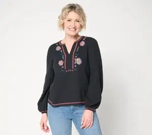 Driftwood Jeans Knit Boho Embroidered Long-Sleeve Top -Orangina