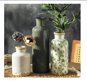 Vintage Vase Set of 3, Ceramic Vintage Flower Vases, Chinoiserie Decorative Home Decor Retro Floral Vase Rustic Farmhouse Decor for Table Bookshelf Mantel Kitchen Living Room Office - Green and Beige