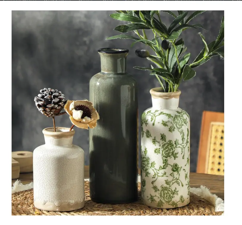 Vintage Vase Set of 3, Ceramic Vintage Flower Vases, Chinoiserie Decorative Home Decor Retro Floral Vase Rustic Farmhouse Decor for Table Bookshelf Mantel Kitchen Living Room Office - Green and Beige