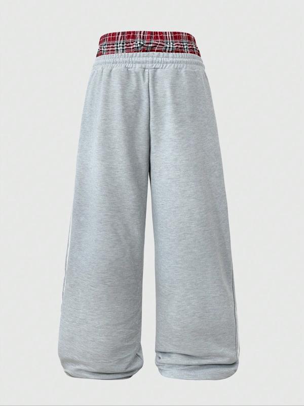 Cozy Gray Wide-Leg Sweatpants w/ Plaid Waist & LA Heart Embroidery 💕 | Trendy Streetwear Vibes | Comfy Baggy Fit + Side Stripes | Perfect for Casual OOTDs #SweatpantsInspo #TikTokFashion #CozyFit #LAstyle