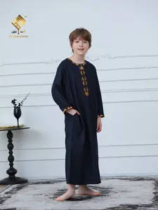 Children Muslim Long Sleeve Gold Embroidery Robe, Comfortable Loose Fit, Side Pockets, Breathable Fabric, Easy Care, Perfect for Festivals