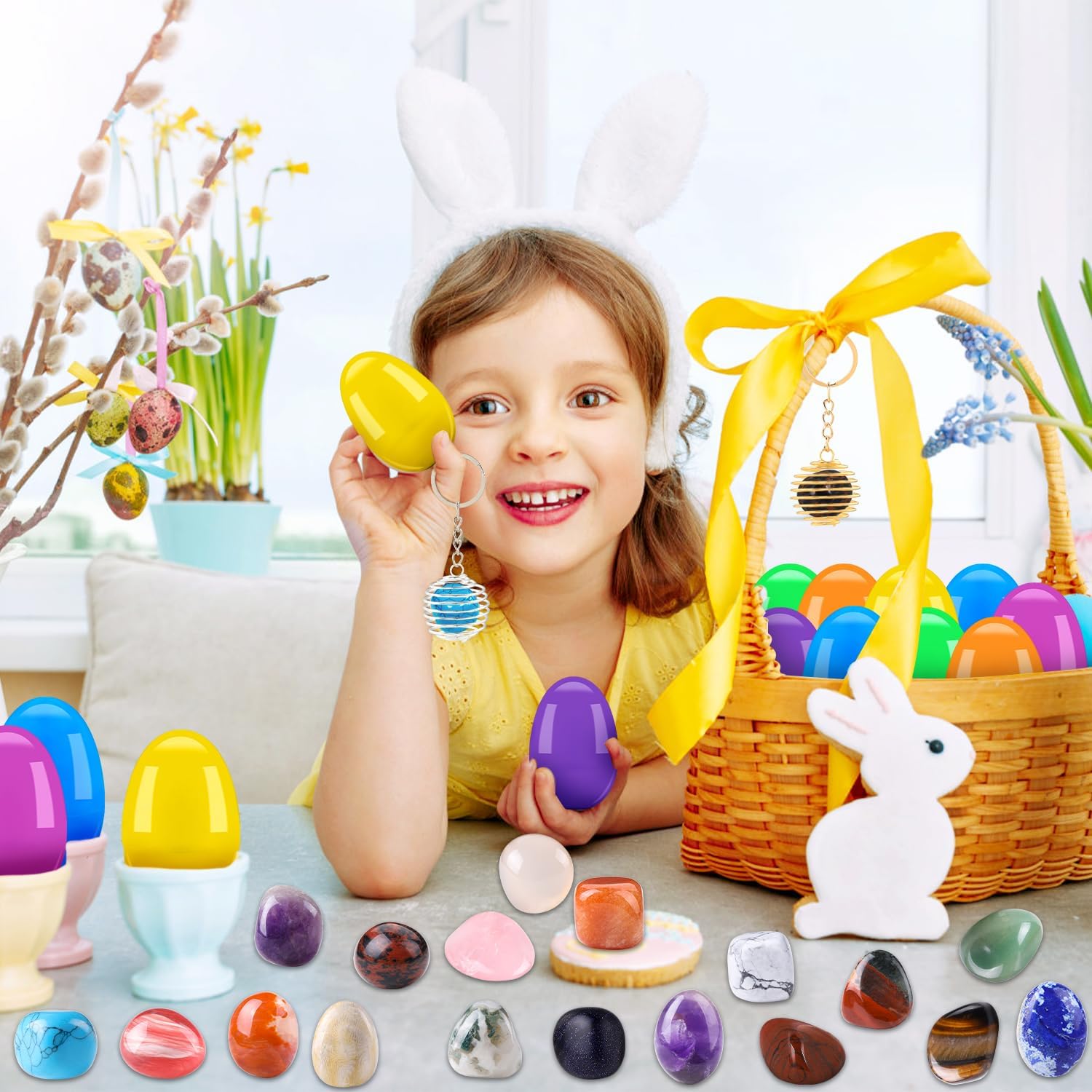 18-Pack Gemstone Prefilled Easter Eggs – Natural Crystals & Mineral Rocks with Necklace & Keychain, Easter Basket Stuffers, Party Favors, Egg Hunt Gifts for Kids