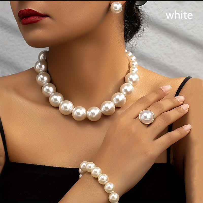 5PCS Elegant Women Faux Pearl Jewelry Set Vintage Necklace, Bracelet, Earrings, and Ring Handmade Adjustable Faux Pearl Pendant Necklace Exquisite Bracelet Engagement Anniversary Jewelry Gift