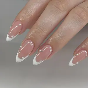 Almond Colorblock Pearl Decor Fake Nails, 24pcs Press on Nails with Nail File & Tape, Removable Full Cover False Nail for Women Girls DIY Manicure