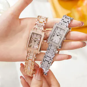 Women's Luxury Rose Gold Rectangle Quartz Watch - Fully Iced Out Diamond Encrusted Wristwatch with Roman Numerals, Stainless Steel Band, Elegant Dress Watch, Perfect Gift for Her