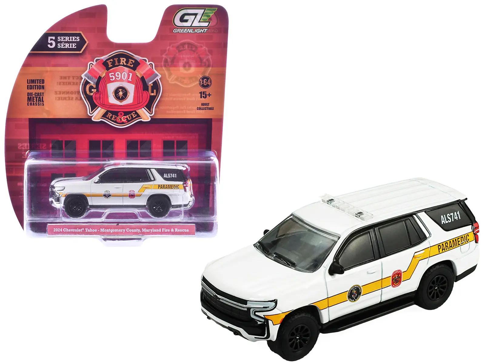 2024 Chevrolet Tahoe "Montgomery County, Maryland" White with Yellow Stripes 1/64 Diecast Model Car by Greenlight