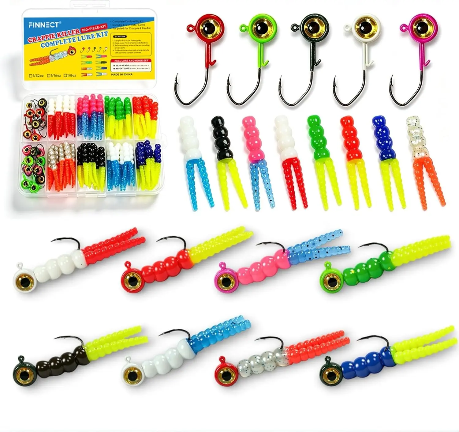 100PCS Crappie Lures Kit, Split Tail Soft Plastic Baits & 3 Sizes Jig Heads 1/32oz 1/16oz 1/8oz, Panfish Bluegill Shad Minnow Fishing Jig Lures Complete Tackle Box Set