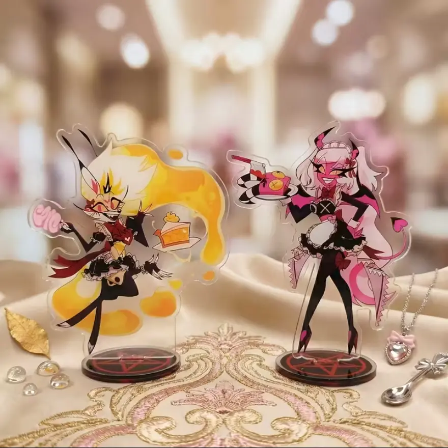 6 Inch Premium Luxury Clear Acrylic Standee Yellow Fluffy Fairy and Pink Wolf Demon Maid Girls Holding Desserts