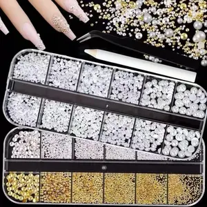 Mixed Size Half Round Shape Faux Pearl & Small Steel Balls for Nail Art, 2 Boxes DIY Nail Art Decorations, Nail Charms for Women & Girls