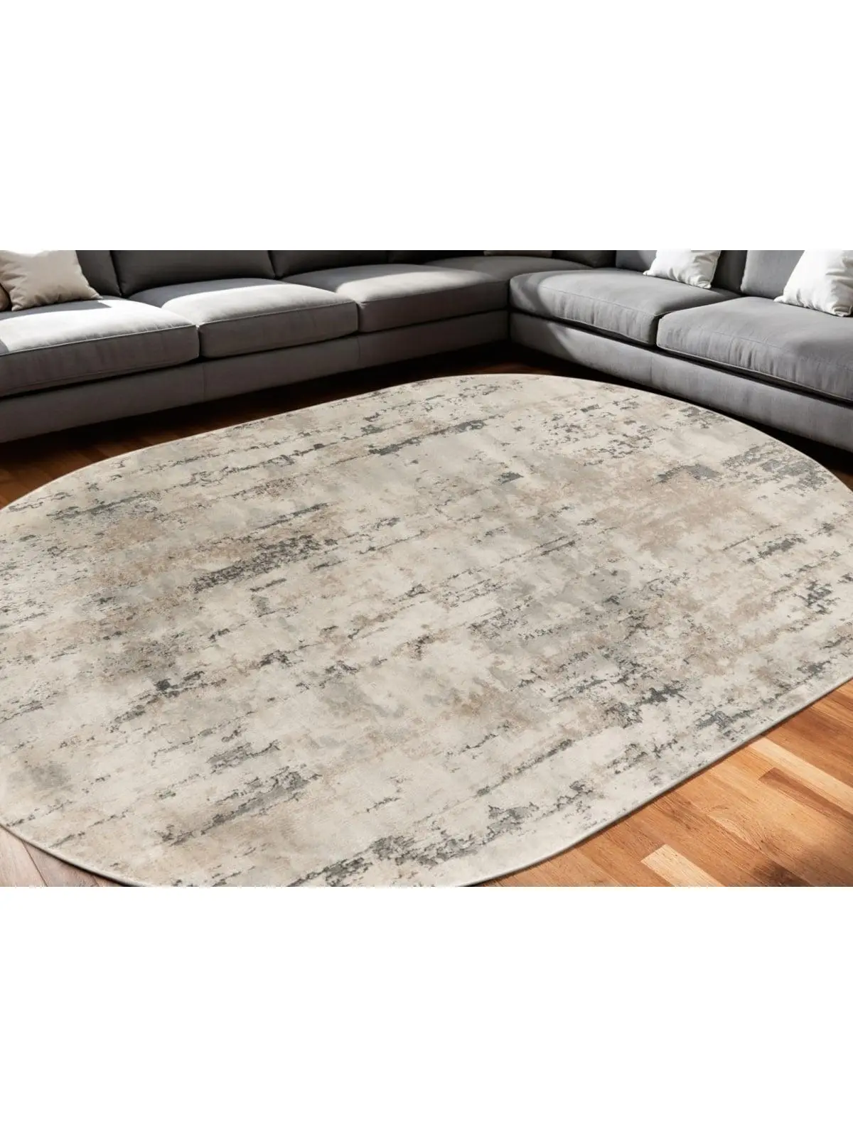 HomeRoots 545129 6x9 ft. Abstract Power Loom Oval Area Rug - Beige & Gray, Cool-Toned, Curvilinear, Durable, Full-Sized, Large-Format, Cool-Toned Area Rugs, Curvilinear Area Rugs