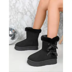 Women's Solid Color Bow Decorated Ankle Boots, Casual Warm Fluffy Lined Boots for Fall & Winter, Female All-match Trendy Shoes for Daily Wear