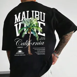 Unisex Letter & Palm Tree Print Drop Shoulder T-Shirt, Soft Comfy Casual Round Neck Half Sleeve Tee, Regular Fit Summer Top for Men & Women, Fashion Streetwear Shirt, Everyday Wear, Lightweight Breathable Graphic Tee