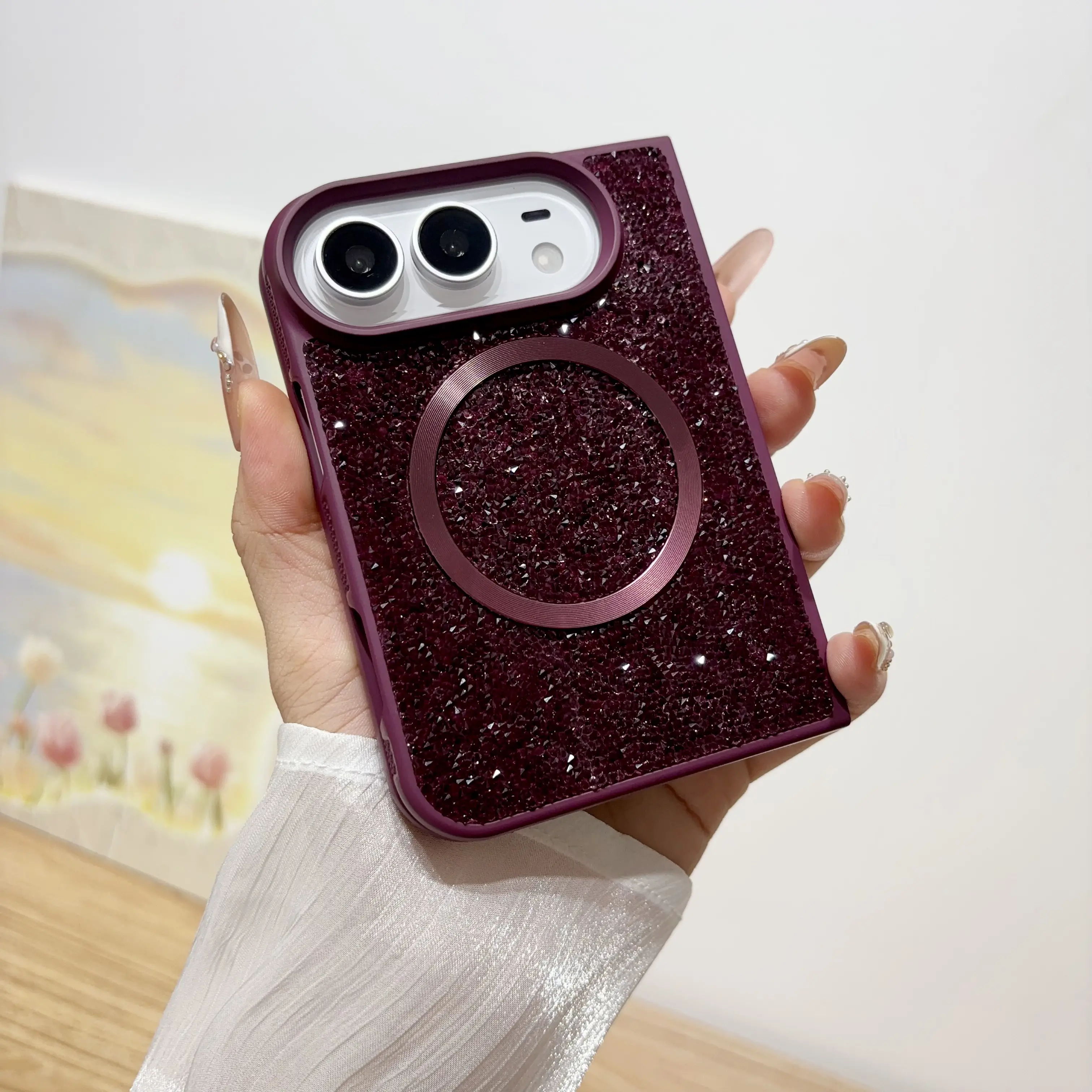 Polycarbonate Customized Hard Shell Magnetic Mount Shockproof Cellphone Case - Burgundy Red Duo Starry Diamond Design for iPhone Devices, Phone Accessories, Casing, Cover