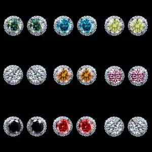 S925 silver stud earrings set with D color VVS moissanite, round cut; strong fire color; diamond tester pen for quick testing.