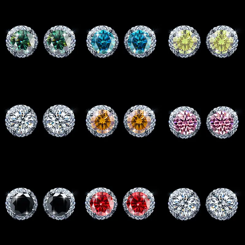 S925 Silver Earrings Studs Set - Unisex Names Compatible, D Color VVS Round Cut Moissanite, Strong Fire Color, Quick-Testing Diamond Tester Pen Included, 925 Earrings