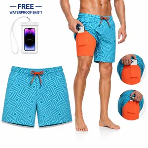 Mens Swim Trunks with Compression Liner 7", Fashion Shorts for Men Summer2in1shorts Workout Beach Shorts with Phone Pocket, Quick Dry Swimwear for Pool Party Surfing Vacation, Big and Tall Gym Running Athletic Training Shorts Geometric tiktokshopspringglo