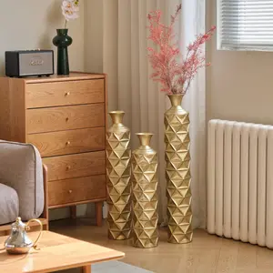 Semi-Handmade Gold-Plated Metal Floor Vase Set of 3, Geometric Diamond Pattern, 33.5/29.5/25.2 in Large Decorative Pieces for Living Room, Entryway