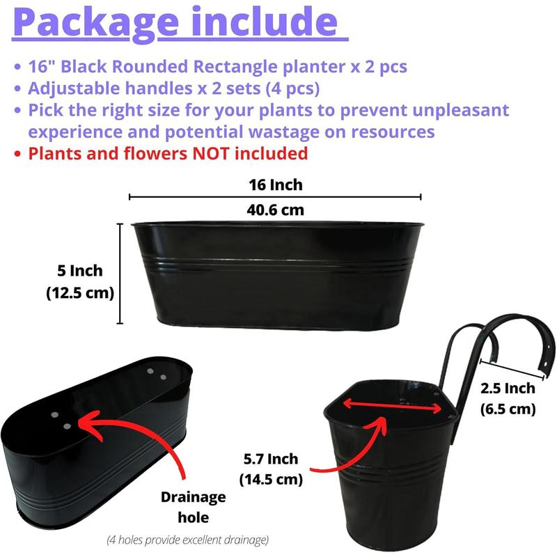 Lalagreen outdoor plants rail planter 16 inch  black metal iron hanging flower pots deck railings fence buckets modern boho style wall mount window boxes plant holder hooks porch home decor