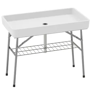 3.4ft White Folding Ice Cooler Table with Drainage Hole, water-filling and ice-cooling design and storage shelf, ideal outdoor drink cooling table for parties, picnics, barbecues, camping and weddings
