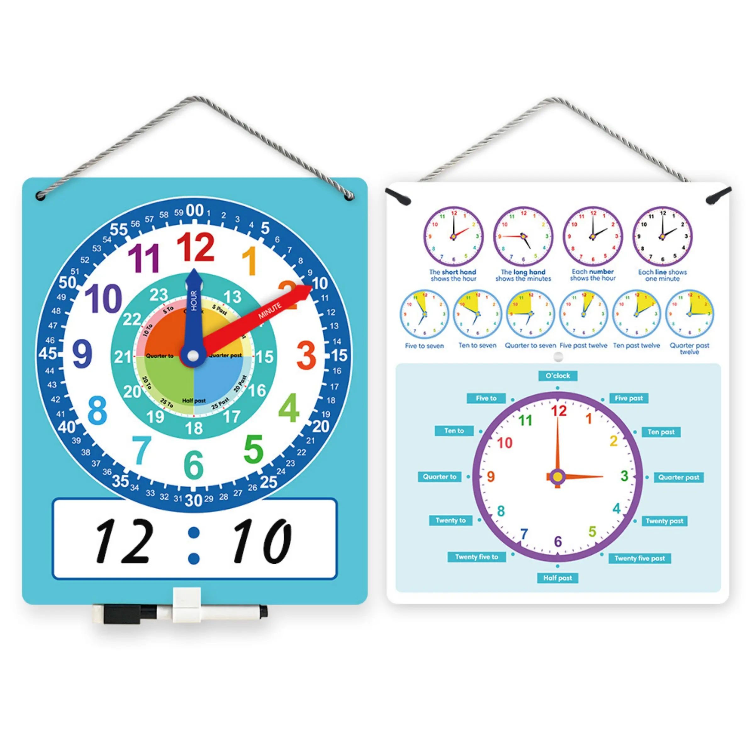 Early Childhood Teaching Clock - Adjustable Hands, Eco-Friendly Materials, Children's Time Learning Tool with Dry Erase Marker, Preschool Time Recognition Aid, Classroom Decorations and Early Learning Supplies for Teachers, Visual Learning Tools