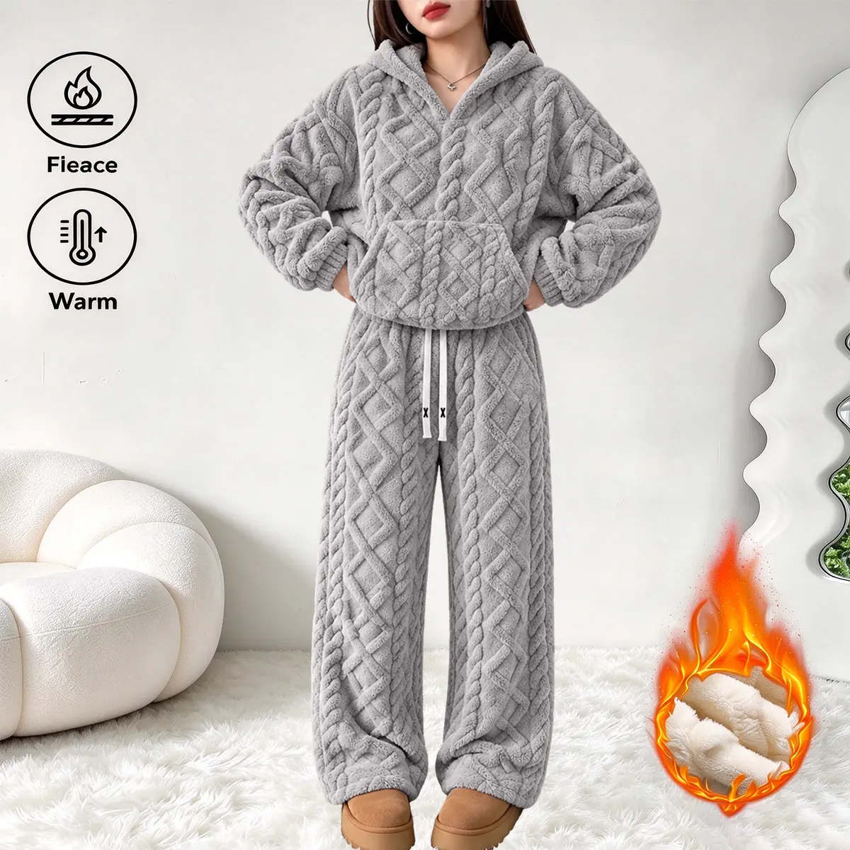 2-piece set: Solid-color jacquard fleece hooded sweatshirt and pants for casual wear; women’s high-quality loose, warm, thick, cozy set with pockets.