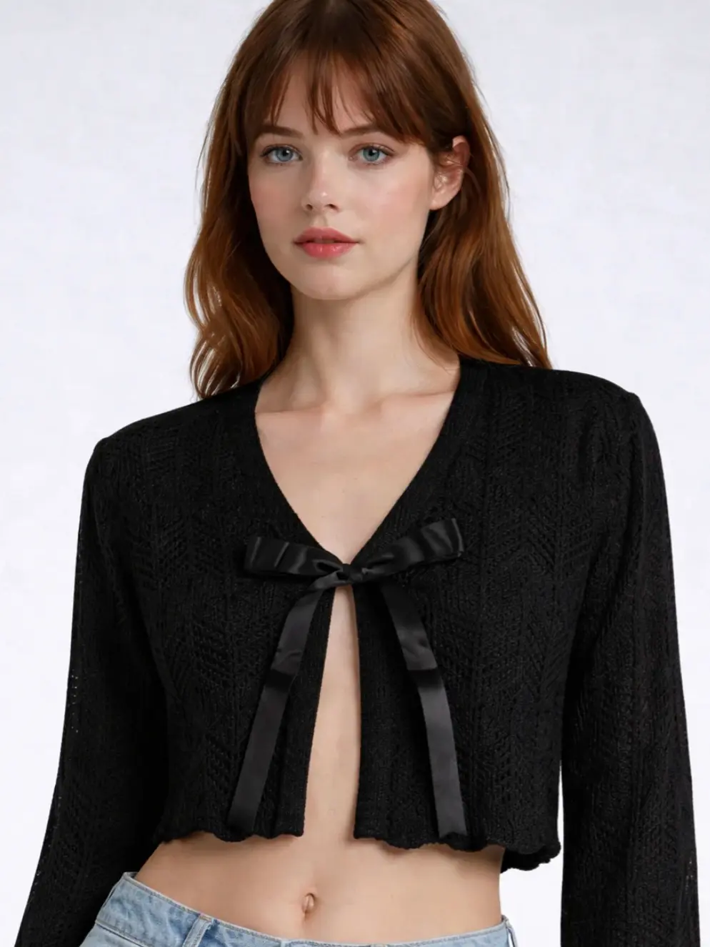 Forever 21 Women's Chic Short Acrylic Blend Cotton Cardigan - Coquette Balletcore Pointelle Lace Knit, Breathable Cropped Shrug with Satin Tie-Front Bow Ribbons, Basic, Girl, Skirt, Style