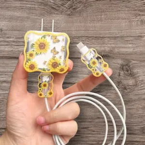 Sunflower phone accesssories Protector Protective 3D Sunflower Phone Charger Protector  Durable Case  Cellphone Compatible for 18/20W  Mobile USB-C Power Screen Protector Shell Case Adapter and Lighting Cable Smartphone  Shockproof  Protection Electronic