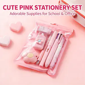 Cute Pink Stationery Set for School, Aesthetic Kawaii Office Supplies Kit with Pens, Highlighter, Correction Tape, Cute Stationery for Teen Girls, Back to School Essentials, Kawaii School Supplies Gift for Students