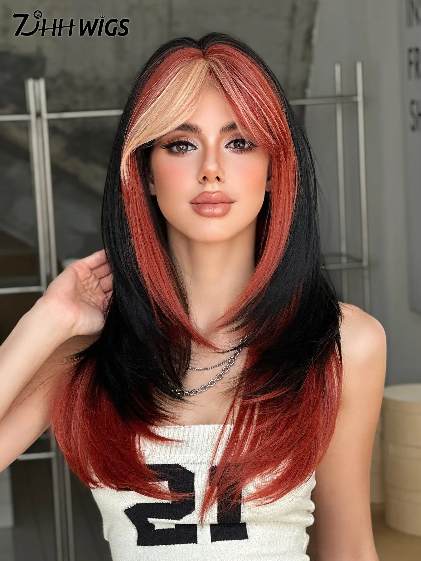 Long Straight Black Peach Wig for Women Long Hair 24 Inch Layered Cut Wig with Curtain Bangs Heat Resistant Fiber Synthetic Fashion Orange Wigs for Daily Party Music festival Use, Mather's Day Gift Wig Accessories, Fun Wigs