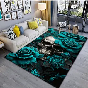 Skull & Teal Rose Print Area Rug, Soft Non-Shedding Floor Mat for Living Room Bedroom Gothic Themed Home Decor