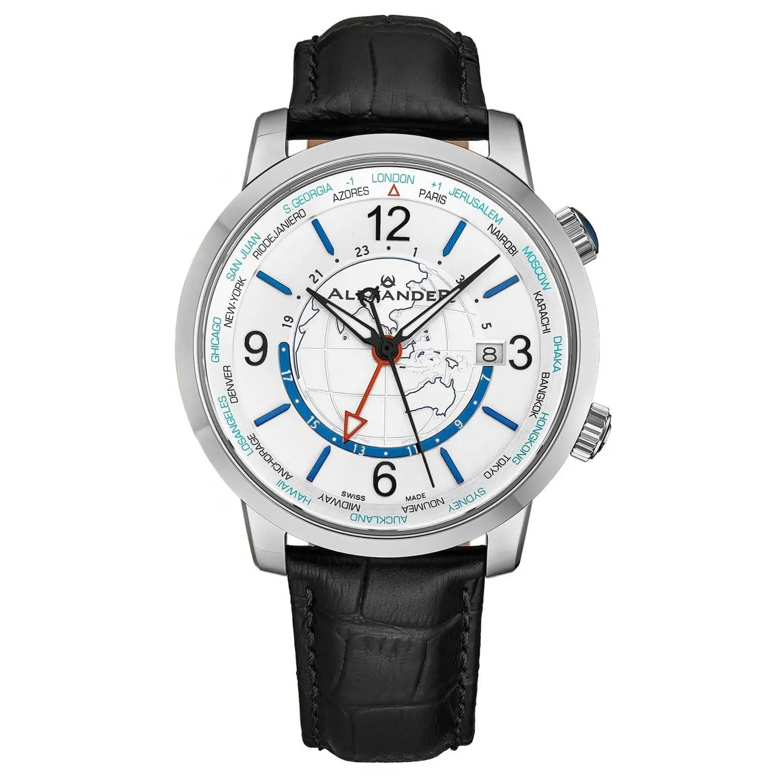 Men's Traveler GMT Watch with Sunray Earth Pattern Dial, 42mm Stainless Steel Case, Swiss Made Quartz Movement, Genuine Leather Strap, Sunray Pattern, Traveling, Modern, Water Resistant, Journeyman, Globetrotters