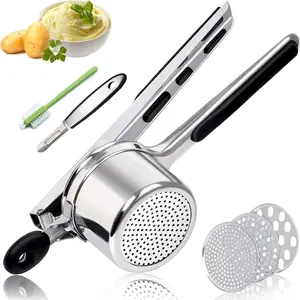 Potato ricer 15oz heavy duty stainless steel potato masher with 3 interchangeable discs large masher and ricer kitchen tool for mashed potatoes spaetzle noodle maker potato press