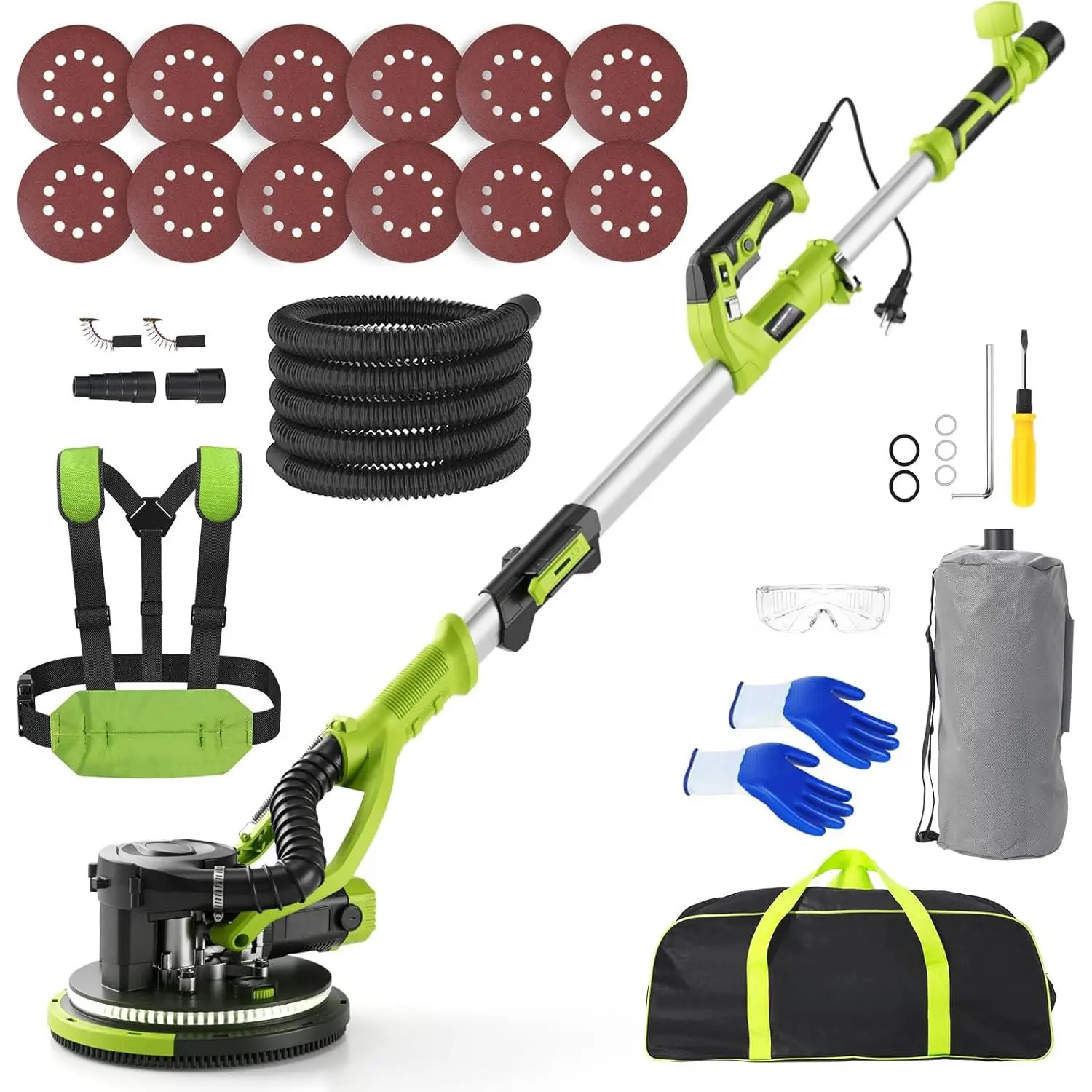 Green Electric Drywall Sander with Vacuum Dust Collection, 5-Speed 1000-2100 RPM, Popcorn Ceiling Remover, LED Light, 12 Sanding Discs & Extendable Handle for DIY Projects, Compatible with Glasses, Bags & Gloves, Works with LED Strips