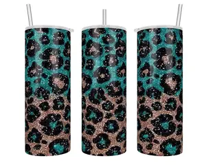 20 oz Handmade Skinny Gold and Turquoise Leopard Print Stainless Steel Insulated Sublimation Tumbler