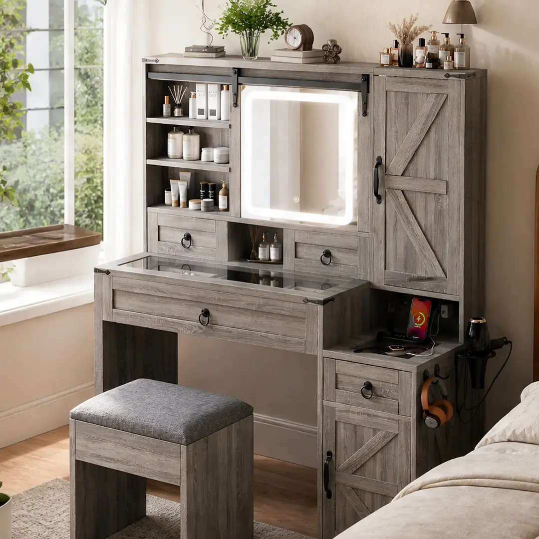 Farmhouse Vanity Desk Set with Sliding LED Mirror, Lights, Charging Station, Glass Top, 4 Drawers, 2 Cabinets, Stool, Gray/White Wood Dressing Table for Bedroom Makeup Room, Multiple Color Options, Gray/White Color Options, Wood Material