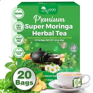 Premium Tea, Super Moringa Herbal Tea, 20 Eco-Conscious Tea Bags and Premium Natural Ingredients. No Sugar, No Caffeine, No Gluten, Vegan.