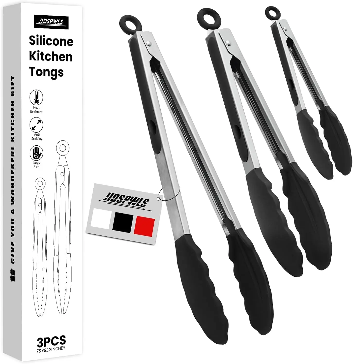 Premium Stainless Steel Heat Resistant Kitchen Tongs Set (7"-9"-12", Black) with Non-Scratch Silicone Tips, Strong Grip for Cooking Pans & Hot Food Handling